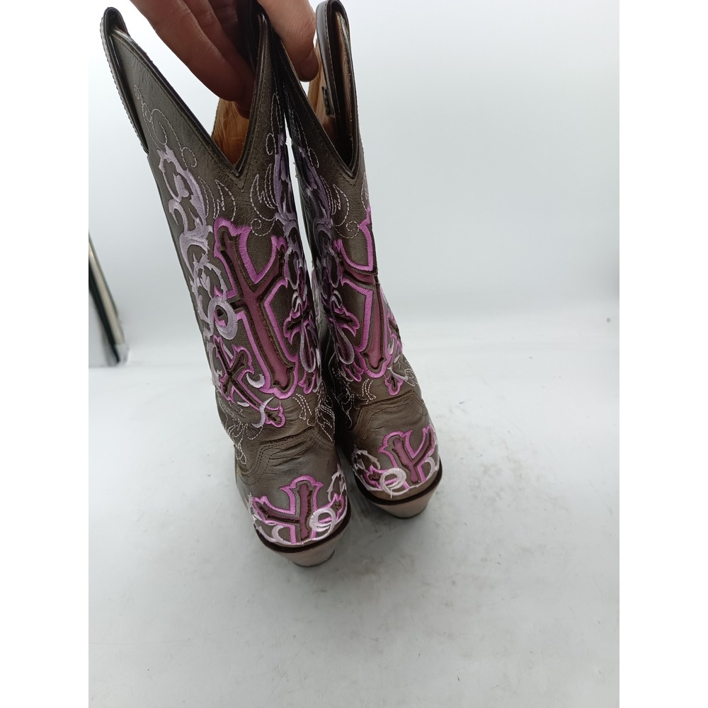 Womens JUSTIN Sepia Calf Cowboy Boots Size 7.5 B Purple Cross  L 4350 s7 - Picture 4 of 7